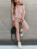 2-delige dames lounge set - ribbel trui en broek voor casual uitjes