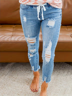 Dames distressed skinny jeans met trekkoord - veelzijdige stretch denim broek voor casual gelegenheden