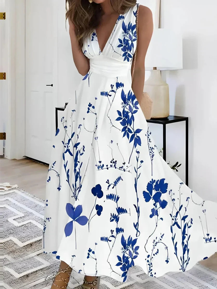 Floral maxi jurk - elegante v-hals bloemenjurk voor dames