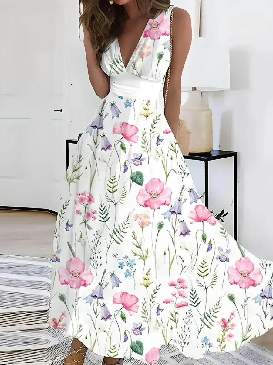 Floral maxi jurk - elegante v-hals bloemenjurk voor dames