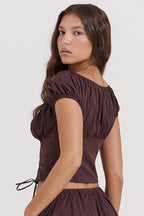 Diepbruine dames top en midi rok set - geraffineerde outfit