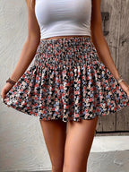 Florale mini rok - kastanjebruine dames rok met ruffle zoom