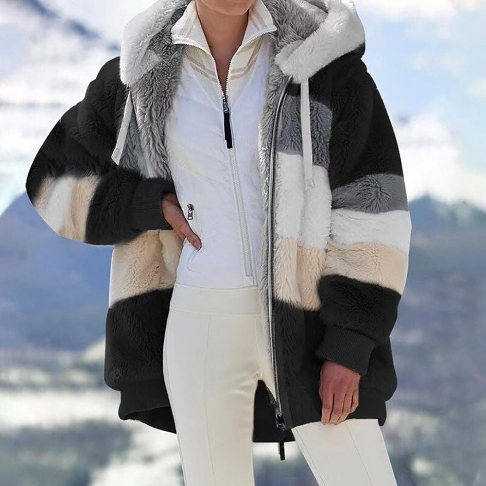 Oversized sherpa jas voor dames – gestreepte winterjas met ritssluiting - Bakkermode.nl