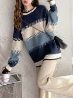 Gestreepte oversized trui - elegante dames knitwear in marineblauw - Bakkermode.nl