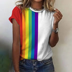 Dames t-shirt met regenboogstrepen - levendige casual top voor zomerse dagen