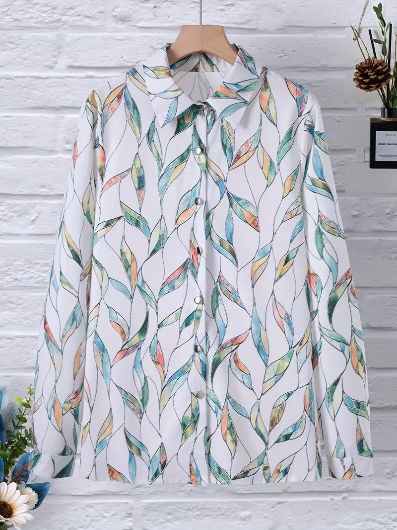 Lichte blouse voor dames met een elegant bladpatroon - stijlvolle lange mouwen voor dagelijks gebruik