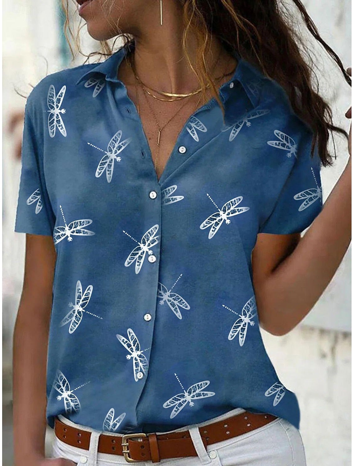 Dames korte mouwen zomerblouse - libelle print voor een stijlvolle look