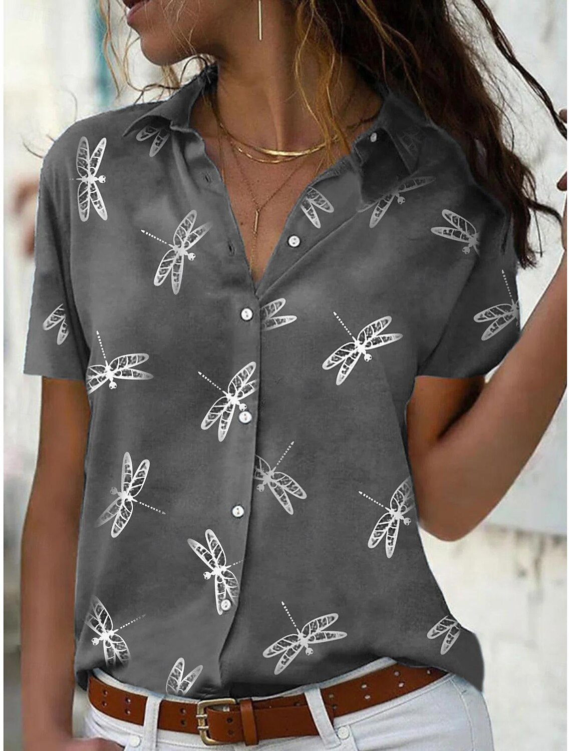 Dames korte mouwen zomerblouse - libelle print voor een stijlvolle look