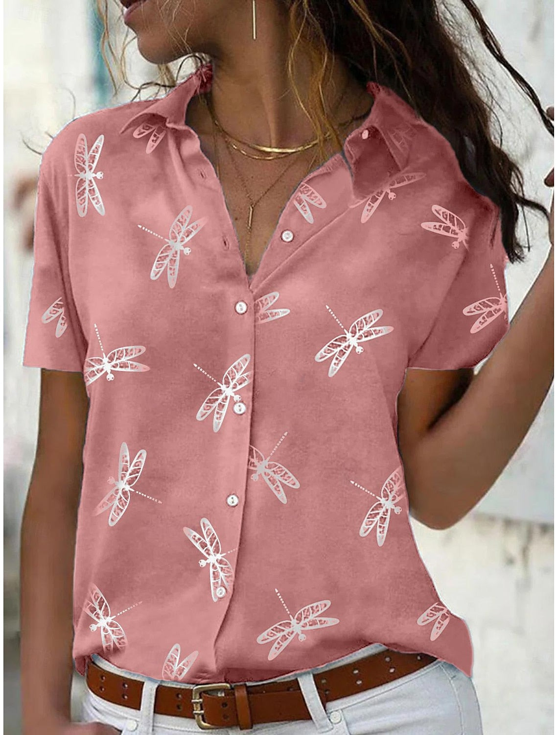 Dames korte mouwen zomerblouse - libelle print voor een stijlvolle look