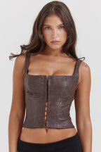 Vegan leren corset top - stijlvolle bruine dames fitted top