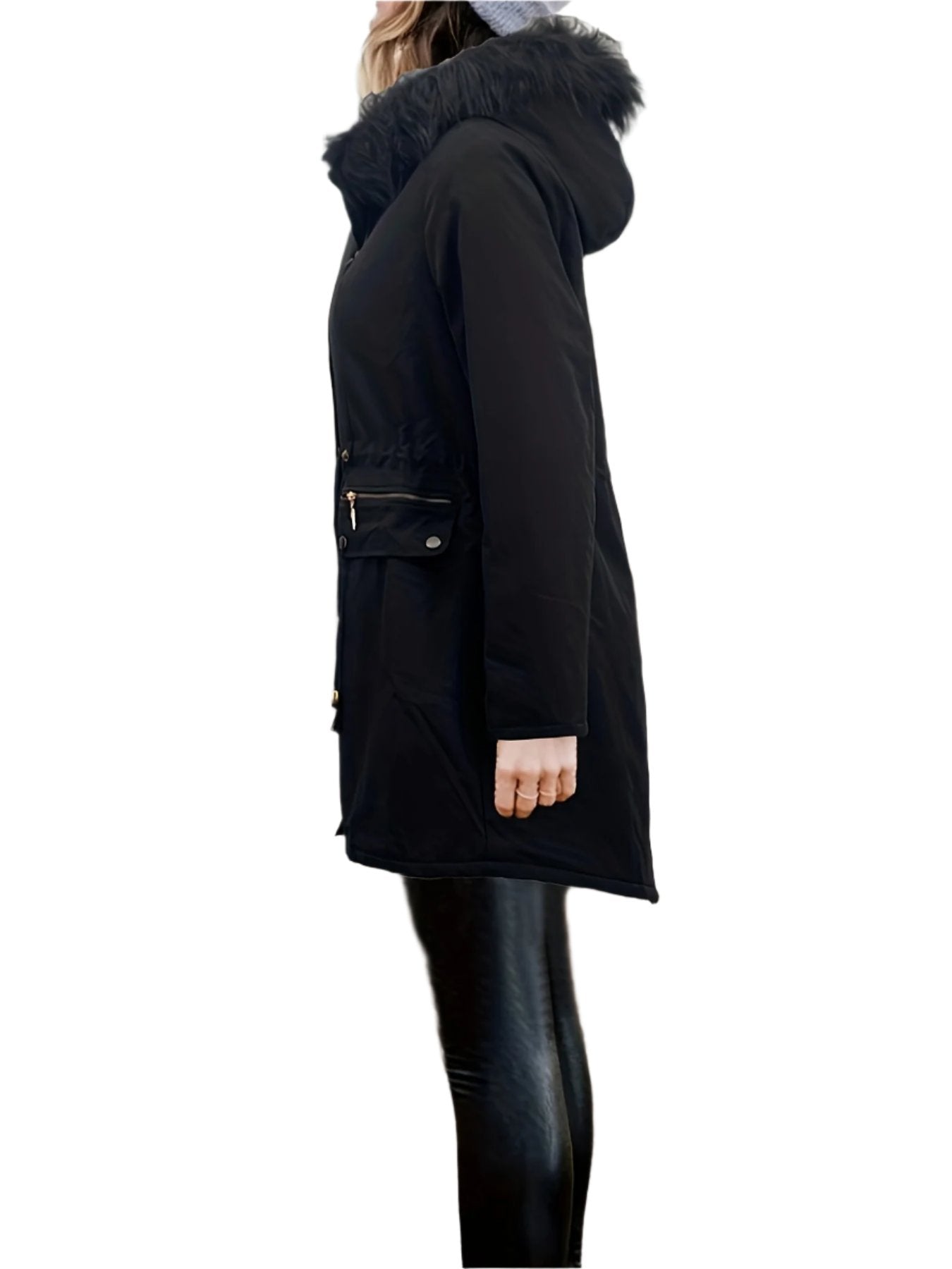Zwarte bont winterjas voor dames - met capuchon en zakken - Bakkermode.nl