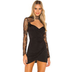 Zwarte mini jurk met kantaccenten en hoge hals - elegante avondjurk voor vrouwen