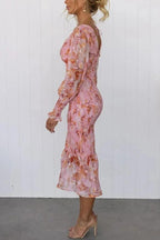 Elegante bloemen midi jurk met pofmouwen - voor dagactiviteiten, veelzijdige stijl