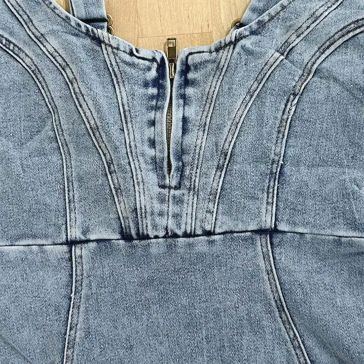 Denim midi jurk - stijlvolle dames jurk met verstelbare bandjes