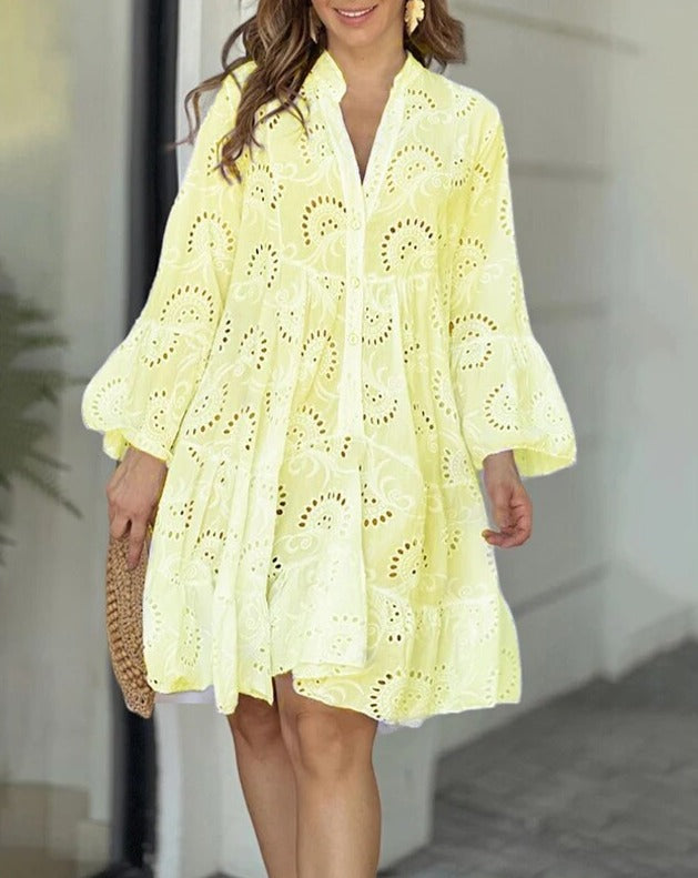 Dames jurk van katoen met broderie anglaise - stijlvolle casual look - knopenjurk met lagen