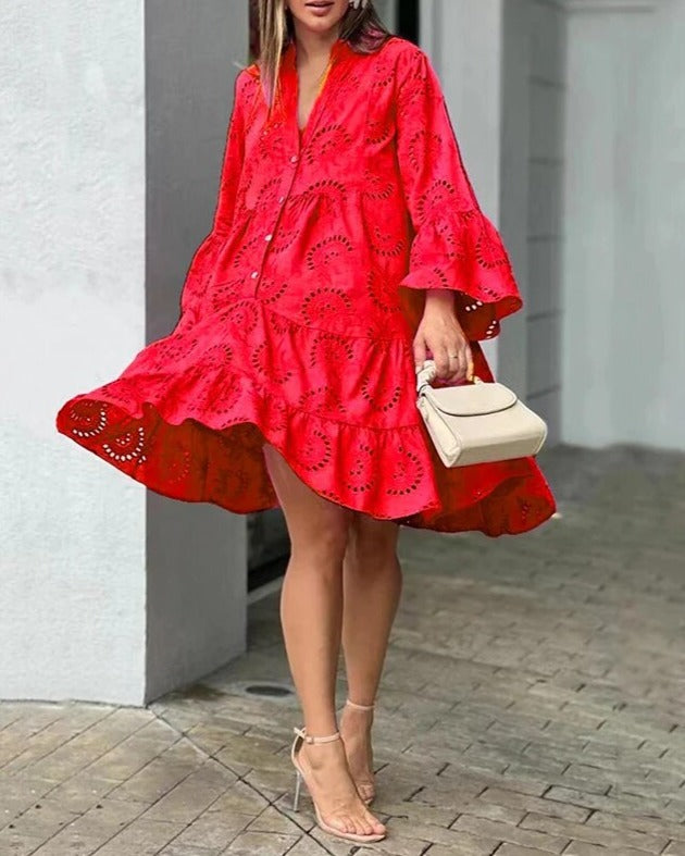 Dames jurk van katoen met broderie anglaise - stijlvolle casual look - knopenjurk met lagen