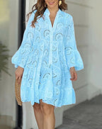 Dames jurk van katoen met broderie anglaise - stijlvolle casual look - knopenjurk met lagen