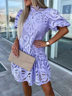 Lace jurk - elegante midi jurk voor dames met pofmouwen