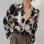 Dames chiffon blouse met elegante lange mouwen - klassieke zwart-beige print casual outfit