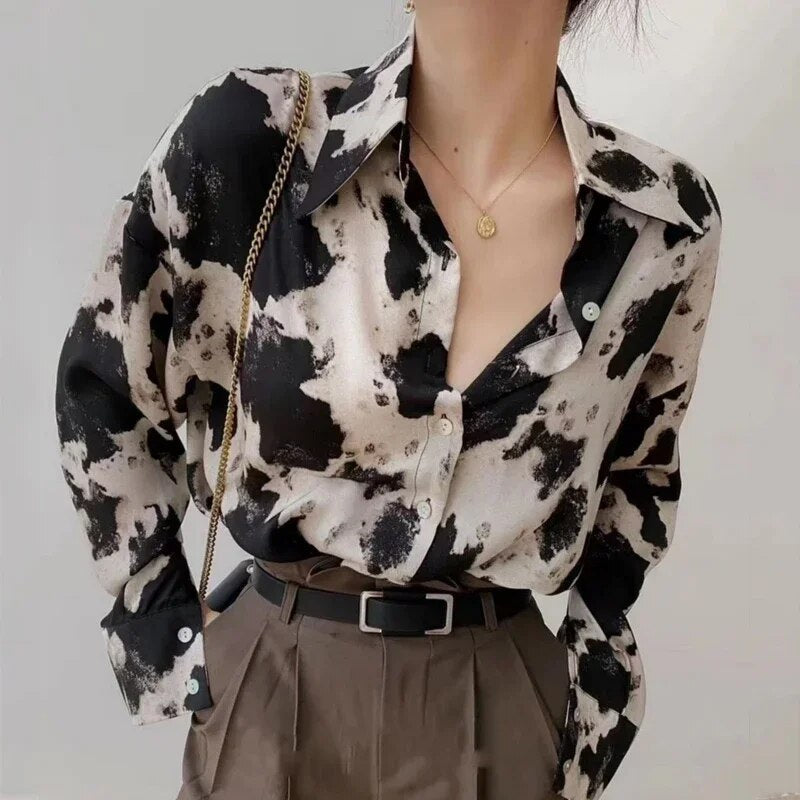 Dames chiffon blouse met elegante lange mouwen - klassieke zwart-beige print casual outfit
