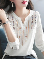 Dames geborduurd blouse - lichtgewicht witte katoenen top met elegante lange mouwen voor casual events