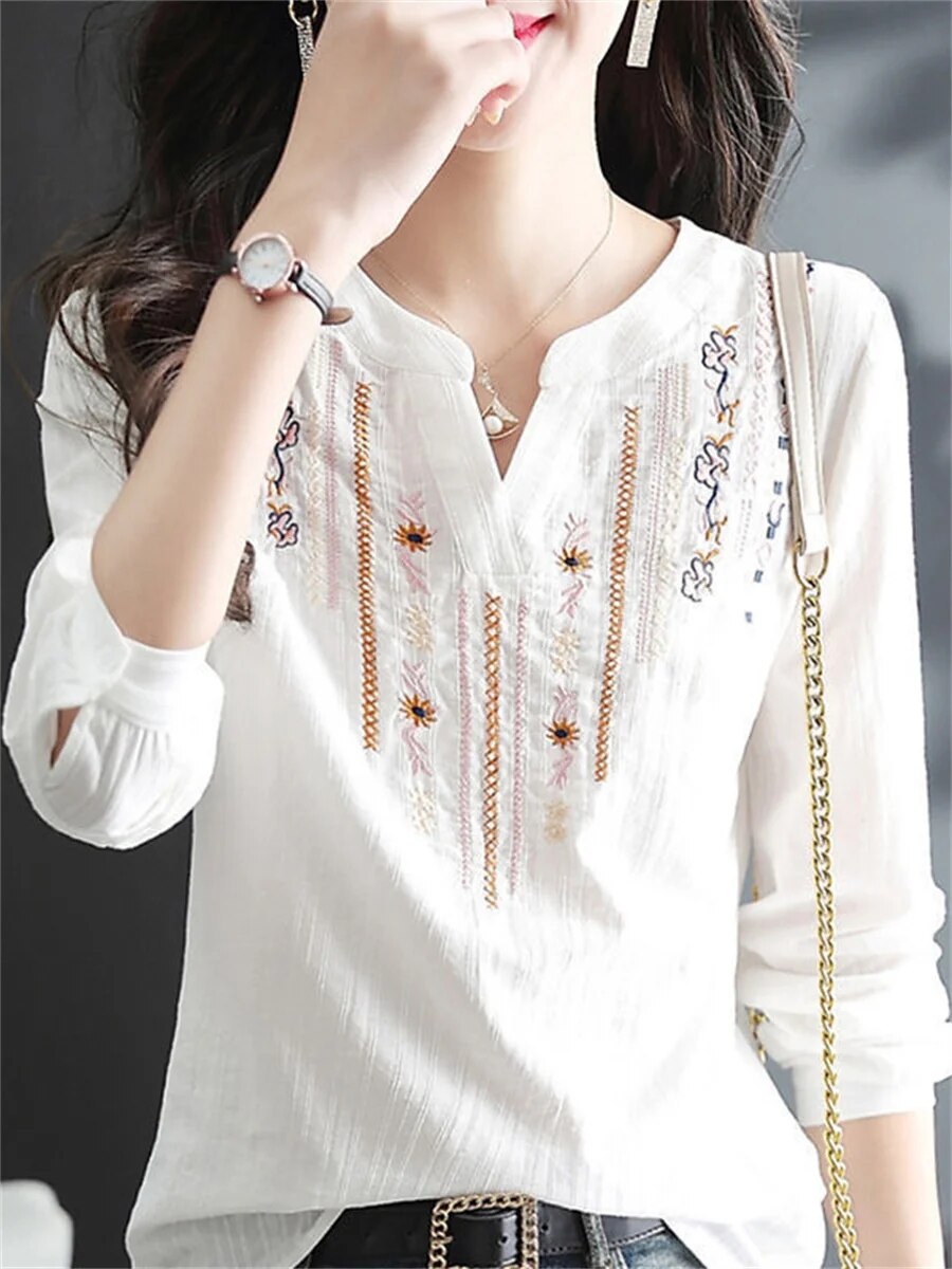 Dames geborduurd blouse - lichtgewicht witte katoenen top met elegante lange mouwen voor casual events