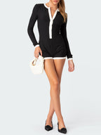 Dames jumpsuit met lange mouwen - casual dagoutfit in elegant zwart met witte accenten