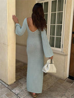 Gebreide maxi jurk - elegante lange damesjurk met v-hals - Bakkermode.nl