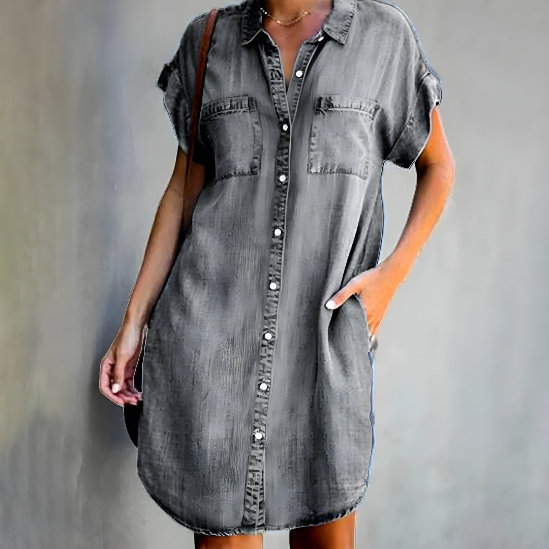 Dames denim shirtjurk met zakken - relaxte short sleeve tuniek voor casual uitjes