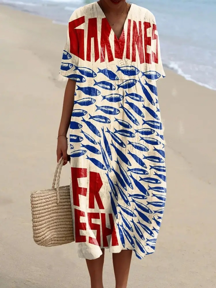 Vrouwen vintage visprint overhemdjurk multicolor strandoutfit - luchtig casual zomer kleding
