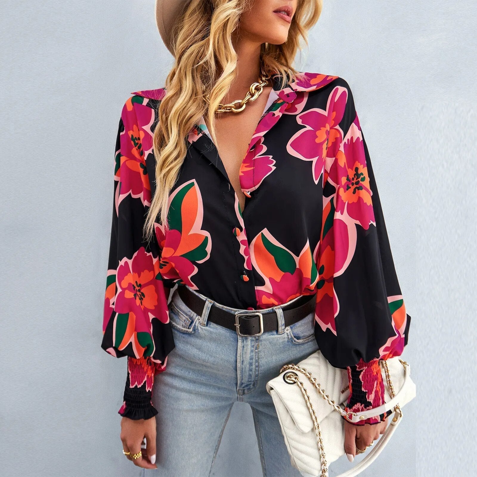 Damesblouse met bloemenprint - elegante dagelijkse outfit - lange mouwen casual top, lichte stof