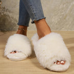 Fluffy pantoffels - dames huis slippers met open teen en faux fur - Bakkermode.nl