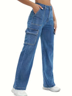 Dames cargo broek hoge taille denim jeans in blauw - casual wijde pijpen voor elke dag