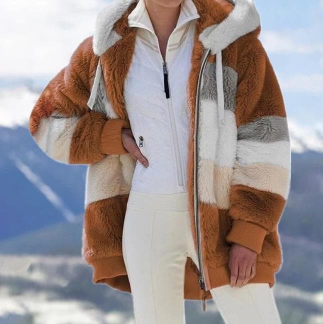 Oversized sherpa jas voor dames – gestreepte winterjas met ritssluiting - Bakkermode.nl
