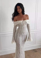 Off-shoulder kanten sheath jurk - charmant abrikoos damesjurk