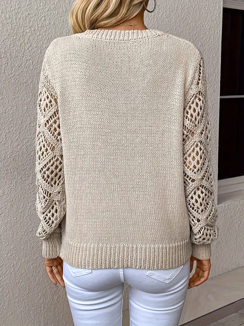 Dames gebreide trui met elegante v-hals - lichtgewicht pullover met kanten mouwen voor casual wear