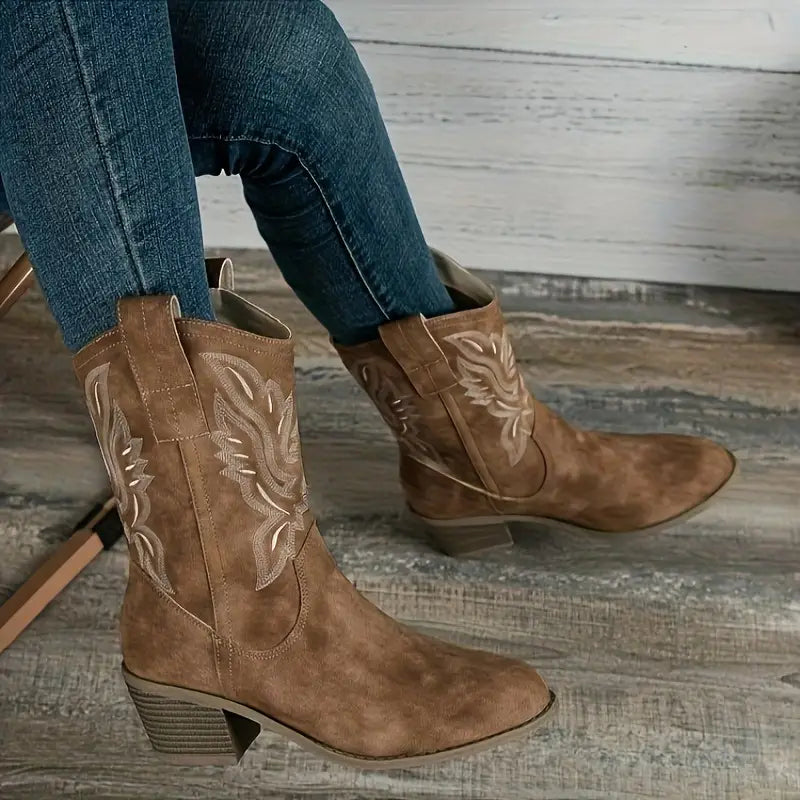 Camel cowboylaarzen - dames geborduurde enkelboots met blokhak
