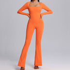 Nieuwe vierkante hals jumpsuit met lange mouwen - yoga fitness sport broek met wijde pijpen ademend dames bodysuit - Bakkermode.nl