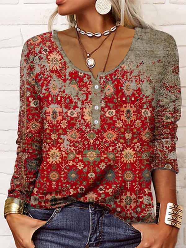 Rode dames lange mouwen patroon top - bohemian stijl blouse