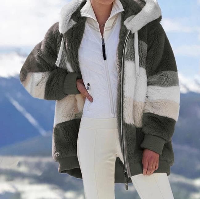 Oversized sherpa jas voor dames – gestreepte winterjas met ritssluiting - Bakkermode.nl