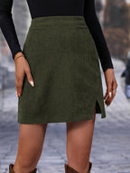 Olijfgroen corduroy mini rok - hoge taille met zijsplit