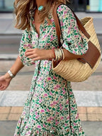 Bloemrijke jurk met ceintuur - elegante groene midi jurk voor vrouwen