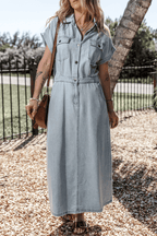 Denim maxidress - mooie blauwe knoop jurk voor dames