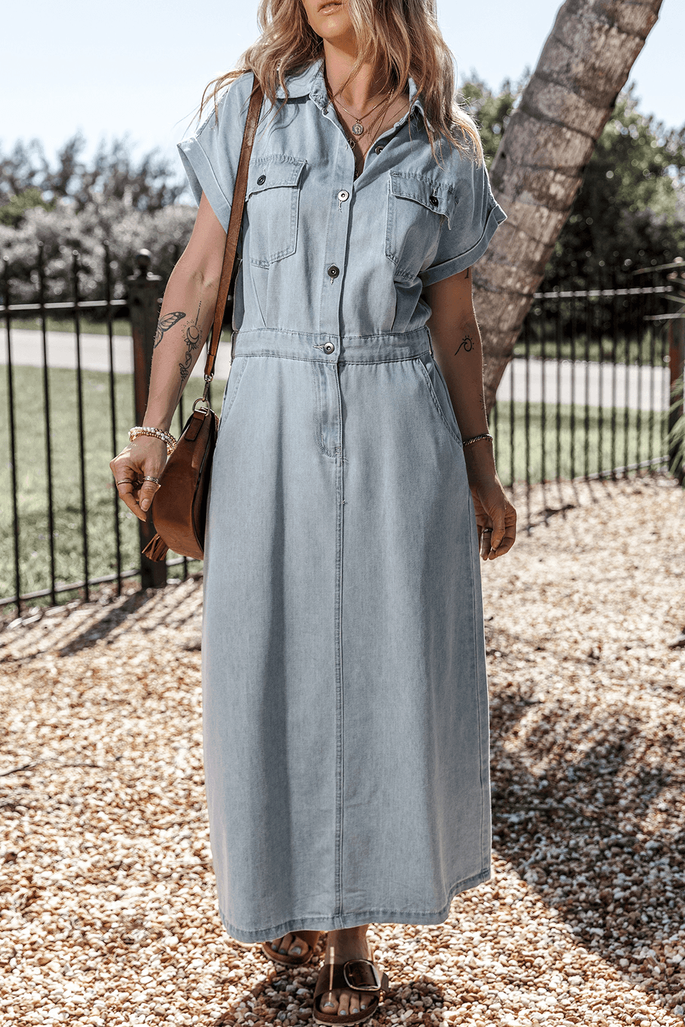 Denim maxidress - mooie blauwe knoop jurk voor dames