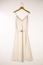 Maxi jurk - elegante beige damesjurk met ceintuur