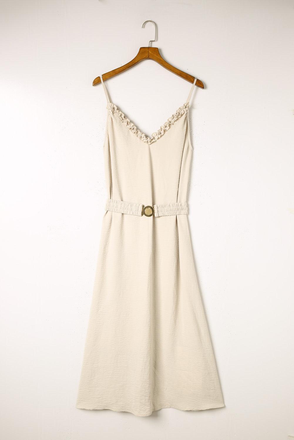 Maxi jurk - elegante beige damesjurk met ceintuur