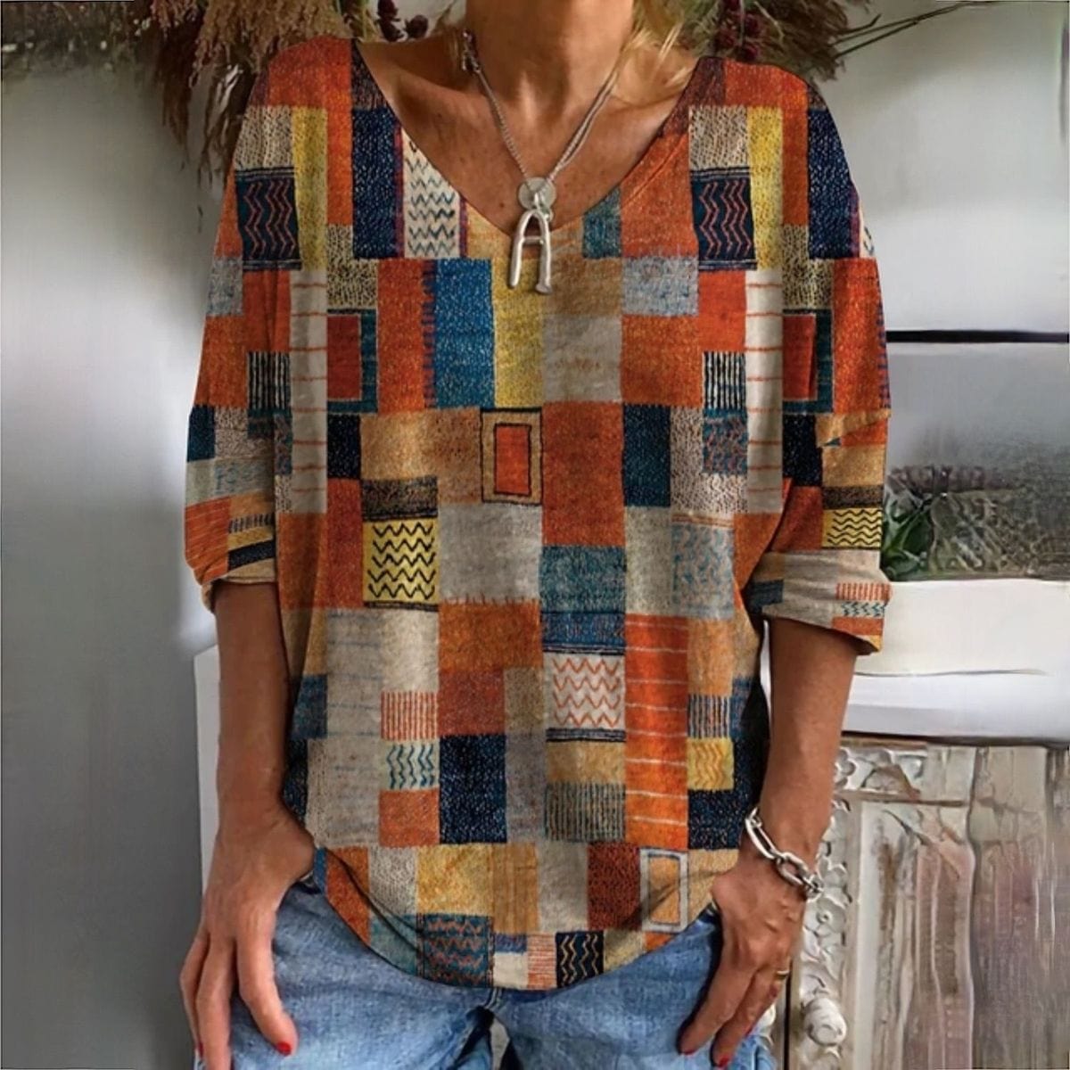 Dames vintage-stijl v-hals graphic top - kleurrijke geometrische blouse