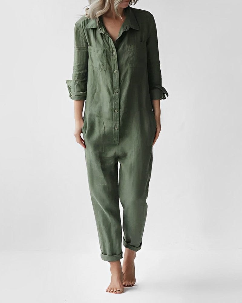 Dames groene jumpsuit - stijlvolle lange mouwen utility outfit - Bakkermode.nl