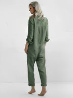 Dames groene jumpsuit - stijlvolle lange mouwen utility outfit - Bakkermode.nl