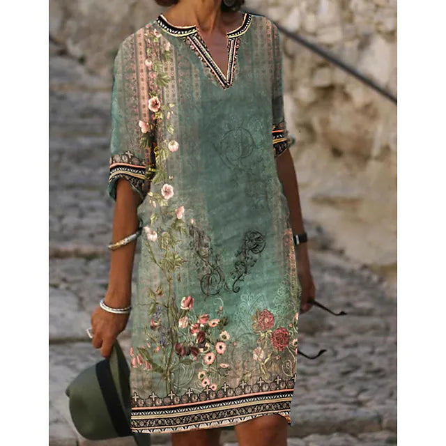 Dames bloemen groen midi shirtjurk - elegante zomeroutfit voor diverse gelegenheden